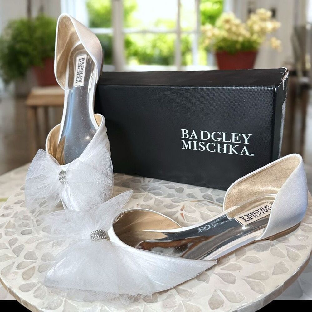 Badgley Mischka Fergie Bridal Ballet Flats Ivory Tulle Bow Pointed Toe D’Orsay S - Picture 7 of 13